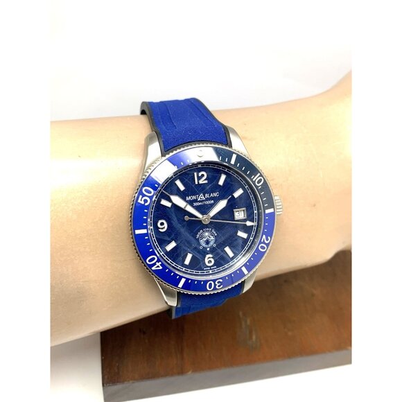 Montblanc Men's Watch 129370 Iced Sea 1858 Swiss Automatic Blue Dial Rubber Band - Picture 12 of 15